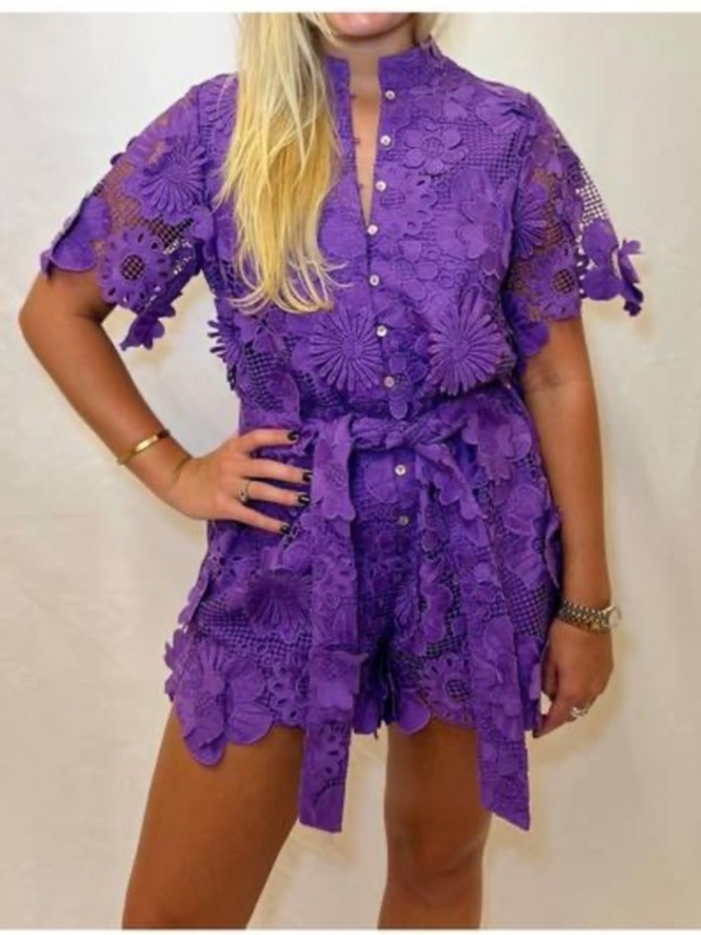 J. Marie Purple Floral Appliqué Lace Button-Front Romper